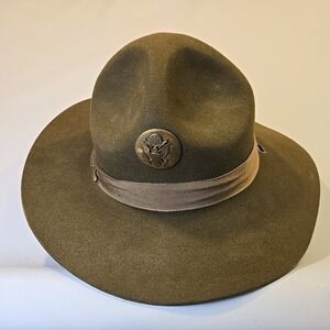 Vtg 1970s US Army Campaign Hat Olive Drab Felt 7‎ 1/8 Eagle Service Insignia A40